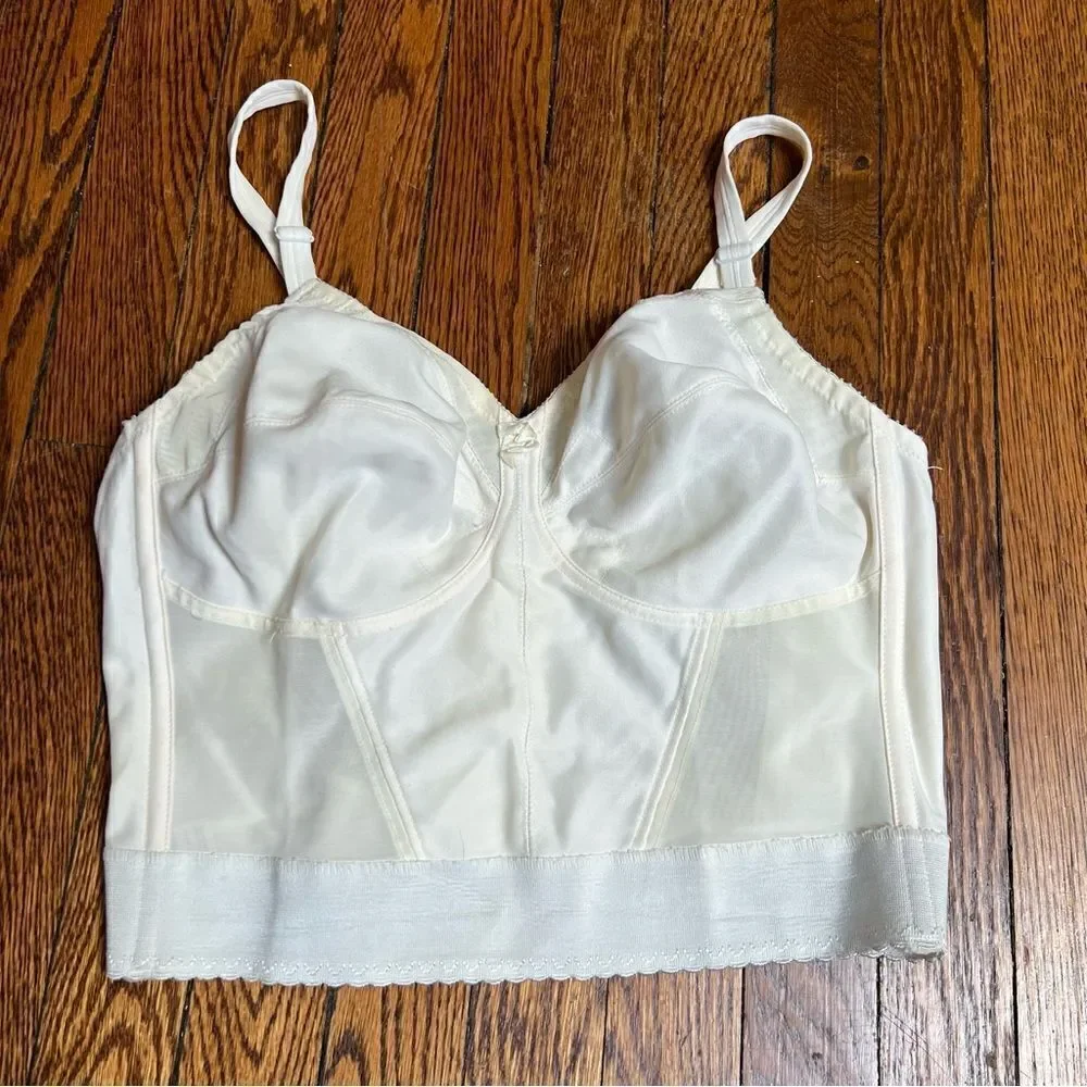Vintage 1960s / 1970s Ivory Mesh Panel Long Line Soft Cup Bra Corset Bustier